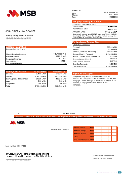 Download Vietnam MSB Bank mortgage statement in Word and PDF formats Photoshop template